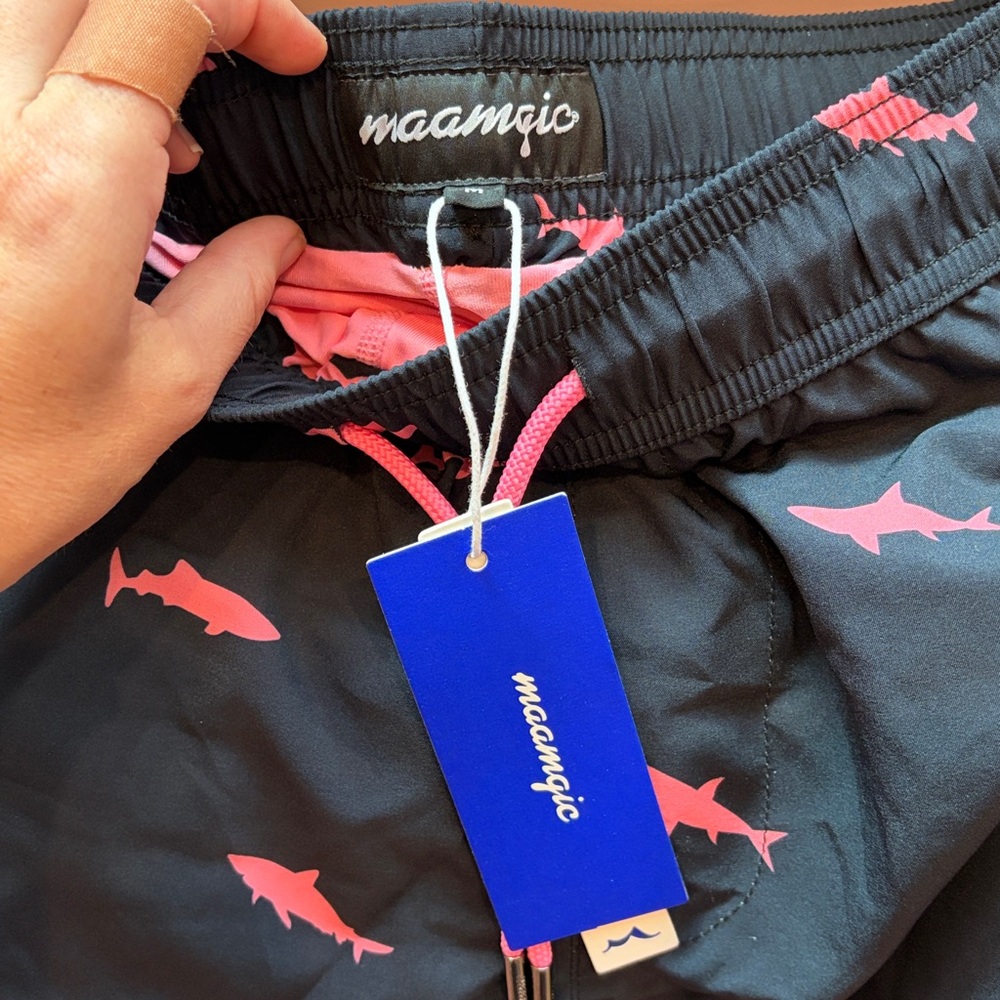 Men's Black Swim Board Shorts with Pink Shark Print - Picture 2 of 3